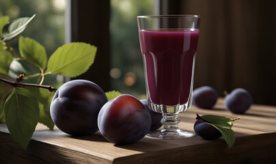 A glass of juice from ripe plums. Next to the glass are some ripe plums