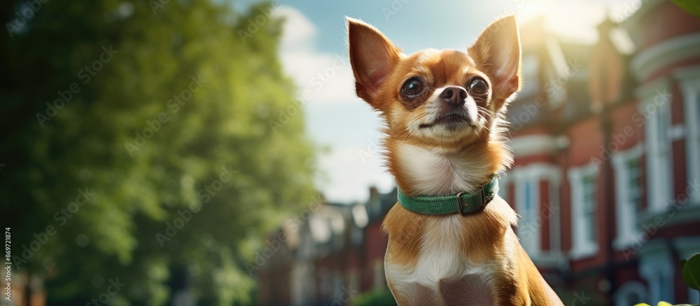 Poster Chihuahua dog with copy space image on a green backdrop.