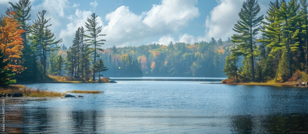 Poster Scenic view of a lake with a backdrop of a pine forest, ideal for a copy space image.
