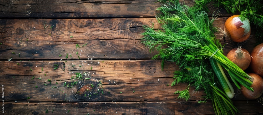 Aufkleber Top view of green dill and onion on a rustic wooden table with copy space image.