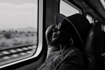 A black and white photograph captures a person wearing a striped shirt and hat, sitting in a train, with the landscape visible through the window, evoking nostalgia and timelessness.