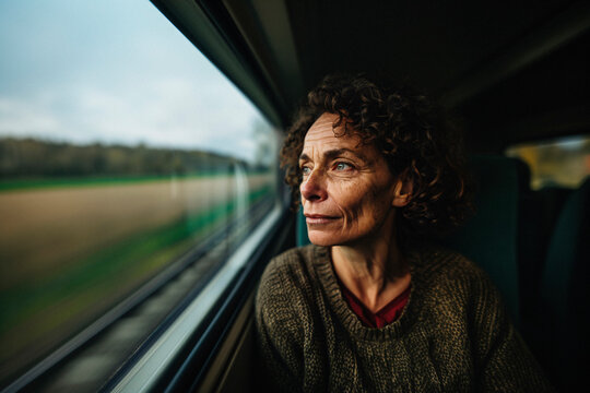 A woman with curly hair intently gazes out of a train window, capturing the passing view with a reflective expression, representing introspection and silent contemplation.