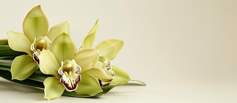 Cymbidium flower in yellow-green hue, set against an ivory white background in a studio, with copy space image available.