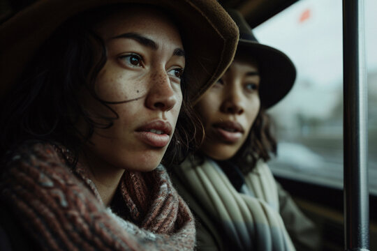 Two women sitting side-by-side on a train, both wearing hats and scarves, staring forward with expressions of wonder, representing anticipation and companionship.