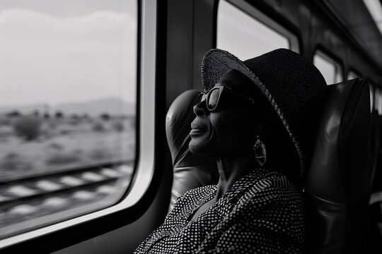 A black and white photograph captures a person wearing a striped shirt and hat, sitting in a train, with the landscape visible through the window, evoking nostalgia and timelessness.