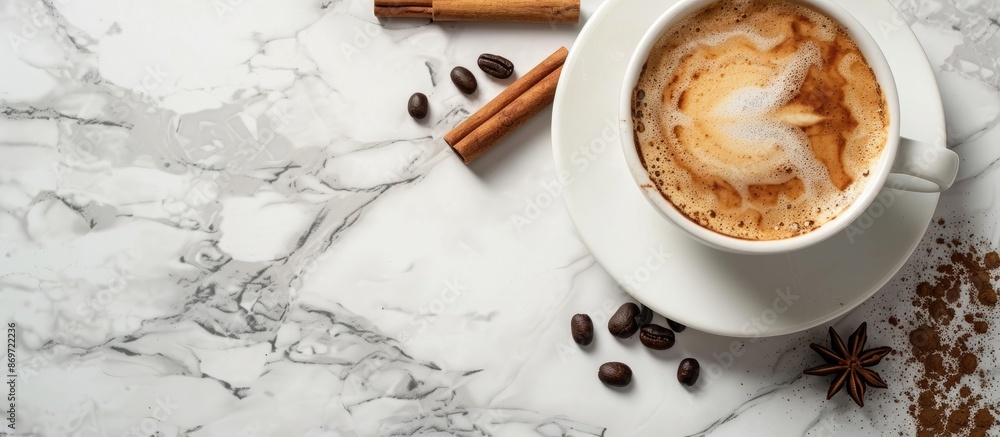 Poster top view of a cup with coffee and cinnamon sticks on a marble surface providing copy space image.