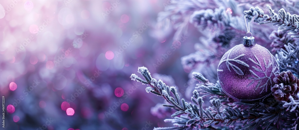 Aufkleber frost-covered branches adorned with a christmas bauble over a violet background, conveying a festive