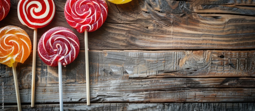 Leinwandbilder top view of sweet lollipops on a rustic wooden background creating an appealing copy space image.