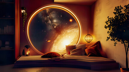 A cozy reading nook with a view of a distant galaxy through a circular window, minimalist design with soft ambient lighting, photorealistic and ultra-detailed 