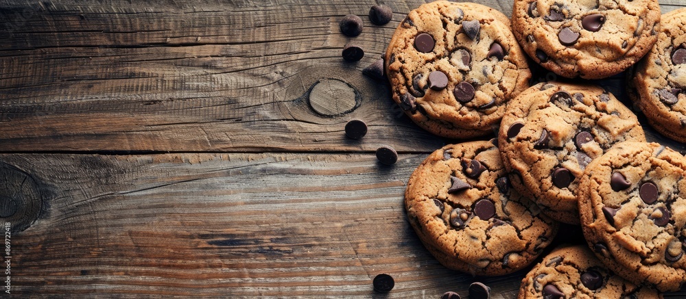 Poster cookies with chocolate chips displayed on a wooden backdrop with copy space image.