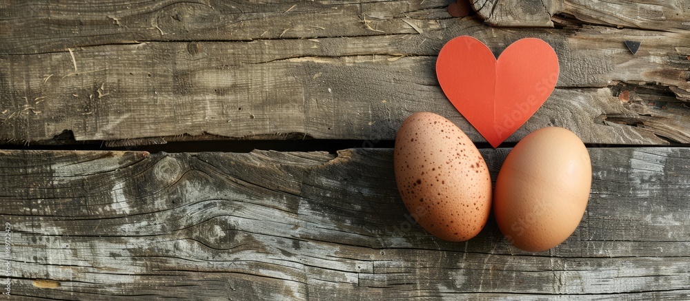 Poster wooden textured background featuring two eggs accompanied by a paper heart with copy space image.