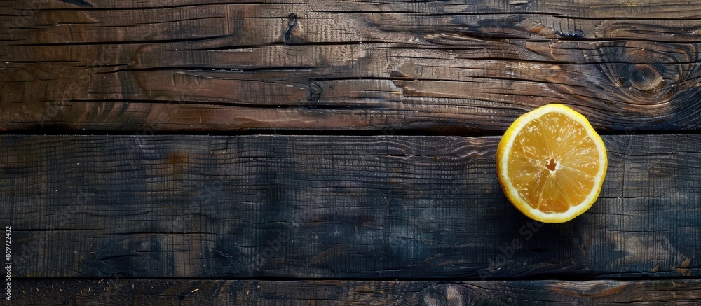 Aufkleber dark wood table with copy space image showcasing a half lemon.