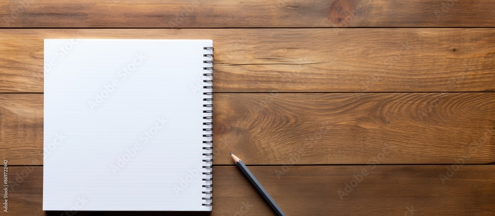 Poster notebook and pen on a wooden table with available space for text or education message in the image.