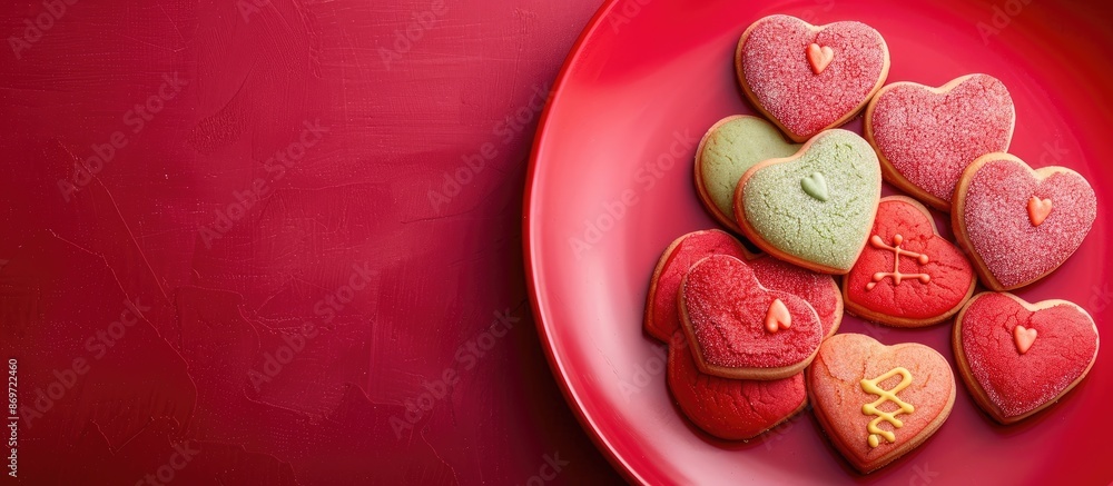 Poster Heart-shaped colorful cookies on a red plate with copy space image.