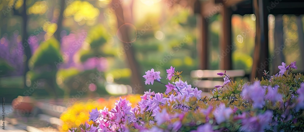 Poster Purple flowers bloom in the pine courtyard, creating a serene backdrop with ample copy space image.