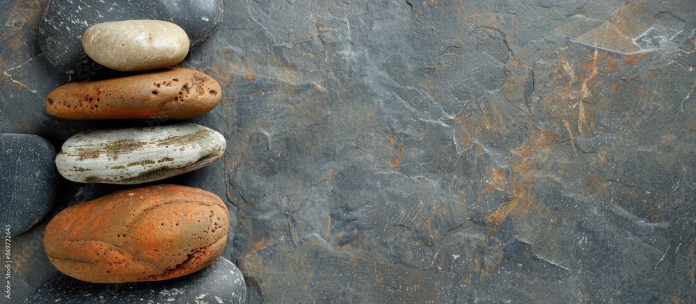 Poster arrangement of pebbles in a pyramid shape, symbolizing travel, set against a background suitable for