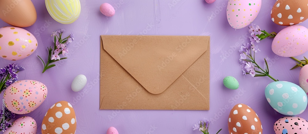 Poster purple background with easter decor - a kraft envelope surrounded by eggs, ideal for an easter-theme