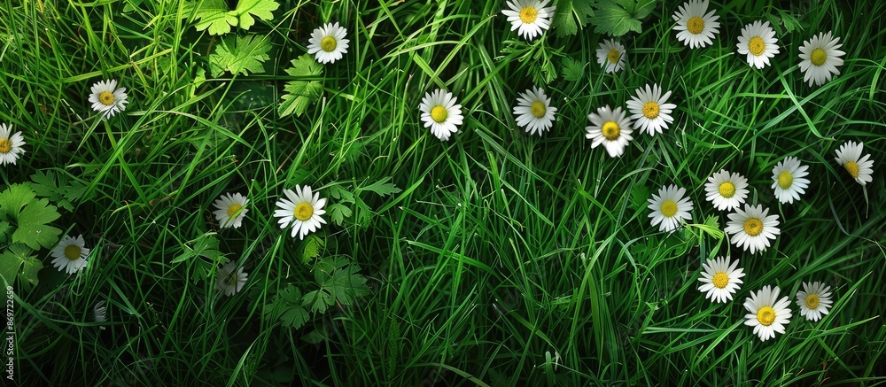 Poster Daisies blooming in the lush green grass with an inviting copy space image for text or graphics.