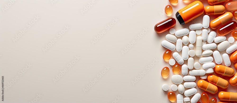 Poster an array of medications displayed with a copy space image, including orange capsules, white pills, a