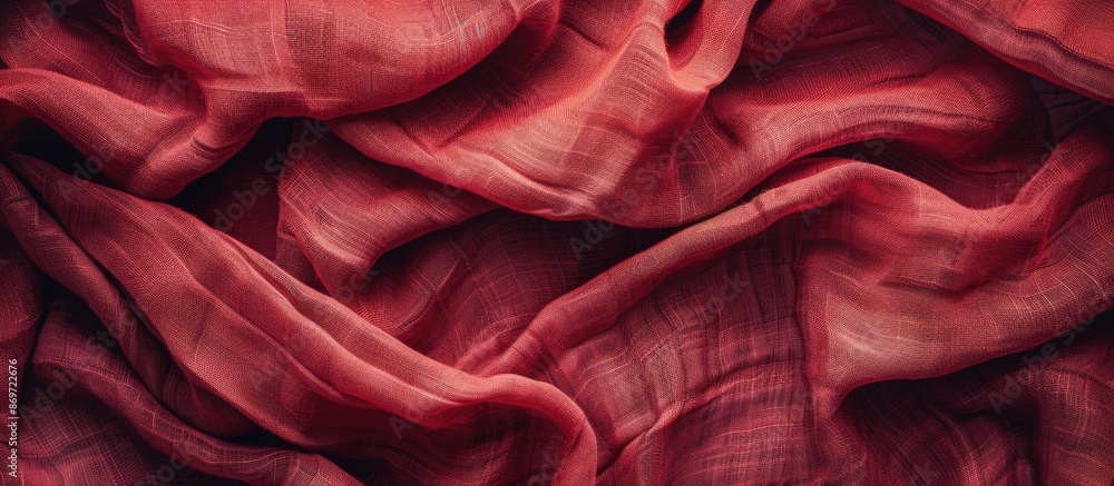 Poster Close-up photo of a weathered red cotton fabric with wrinkles, ideal for design projects needing a vintage look, features copy space image.