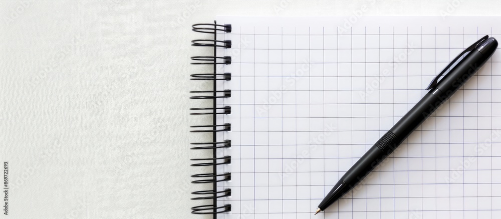 Poster business concept with a close-up of an empty notebook beside a black pen against a copy space image.