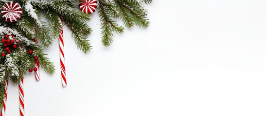 A festive Christmas frame featuring a fir tree branch, candy canes, and snow on a white backdrop, providing space for a text overlay in the image.