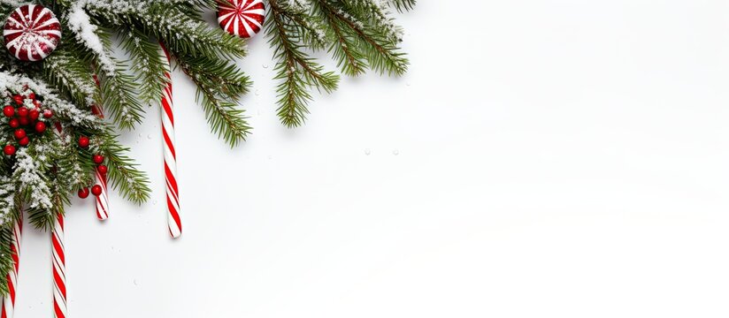 A festive Christmas frame featuring a fir tree branch, candy canes, and snow on a white backdrop, providing space for a text overlay in the image. - Powered by Adobe