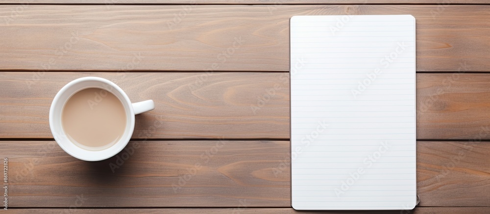 Sticker Aerial view of a wooden desk featuring a blank white smartphone, a coffee cup, a pen, and a spiral notepad with copy space image available.