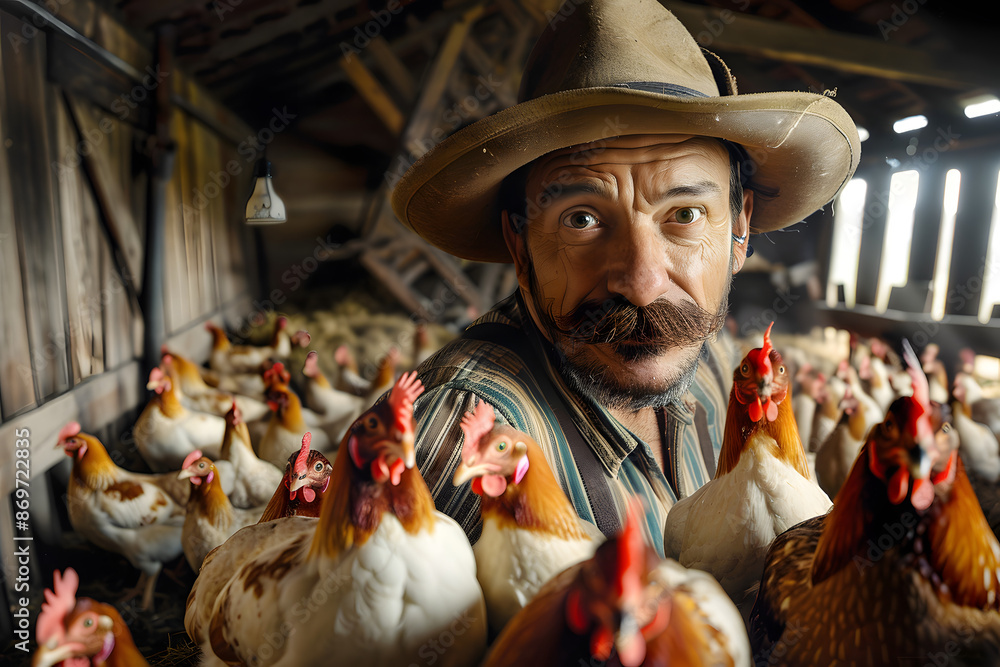 Canvas Prints Un fermier excentrique avec une moustache debout dans une grange pleine de poulets avec une expression curieuse.