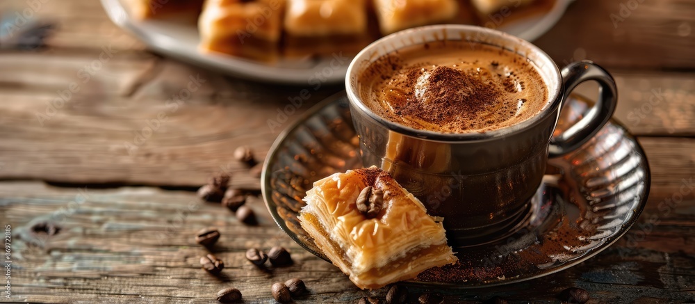 Poster selective focus on a cup of turkish coffee and baklava creates an enticing image with room for text.