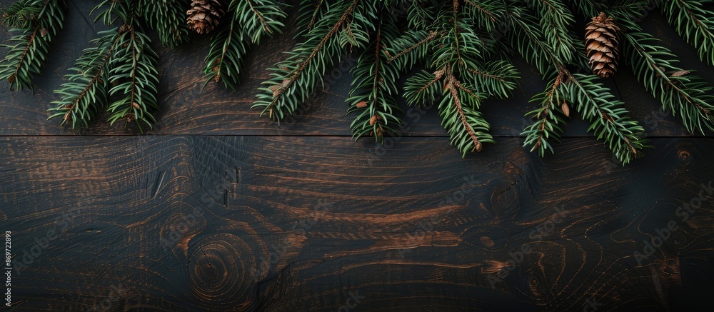 Poster a festive arrangement featuring christmas pine tree branches on a dark wooden table offers space for