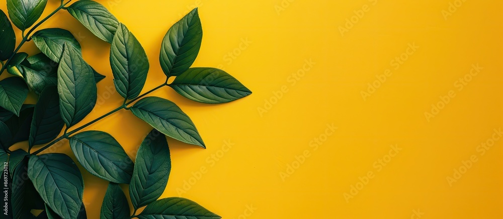 Poster a green leafy plant positioned on a vibrant yellow backdrop in the lower left corner with open space