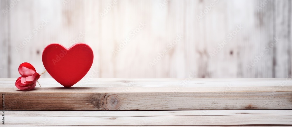 Poster Valentine's Day concept with a red heart on a white rustic wooden background, creating a soft focus effect, ideal for images with copy space.