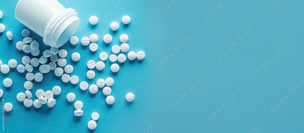 Poster Flat lay top view of a spilled circle pill container on a blue background, focusing on the pills with an isolated setting for medical themes with copy space image.