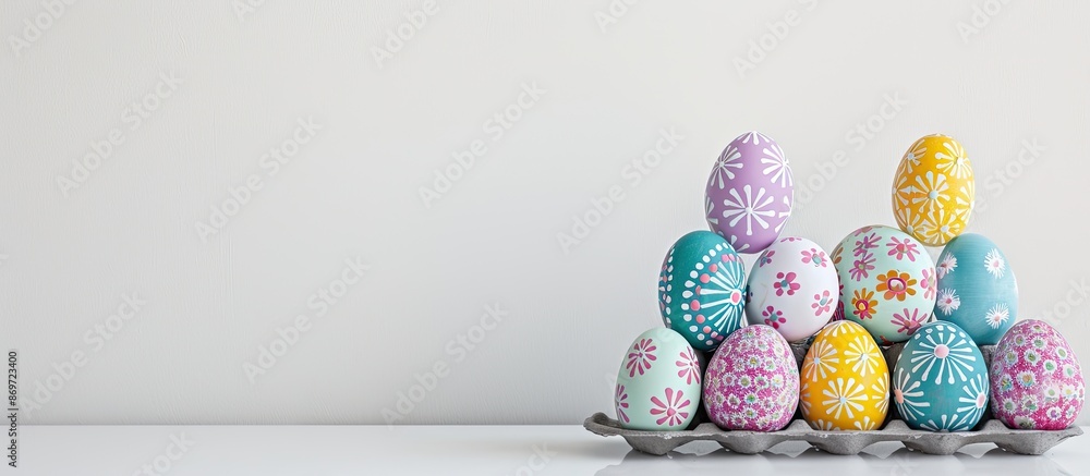 Poster easter eggs on a metal stand against a white background with copy space image.
