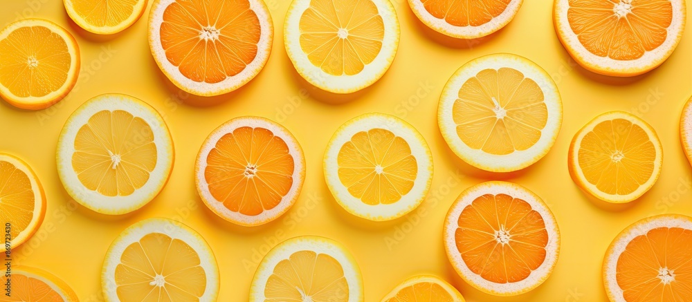 Poster Top view of a creative pop art design featuring fresh orange slices on a yellow backdrop with copy space image. Displaying half a citrus fruit in a minimal flat lay style, embodying a vibrant summer