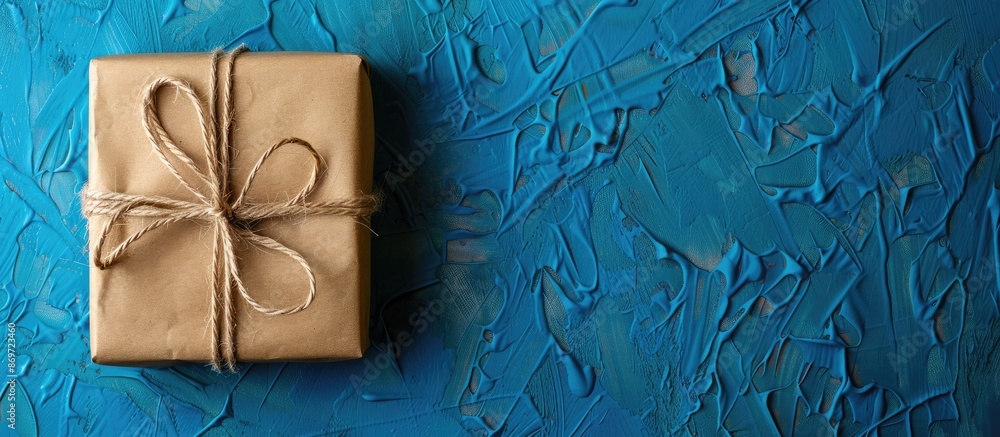 Aufkleber Blue textured wall with wrapped presents and biker's twine on a postcard. Ideal for text placement.