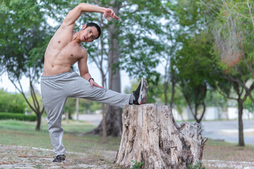 Asian handsome man big muscle workout outdoor,Sport concept