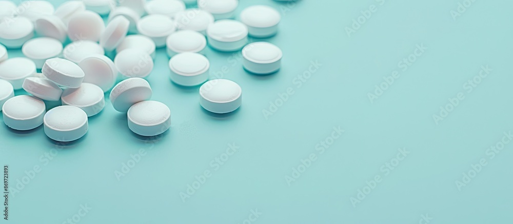 Aufkleber Isolated medicine pills on a blue backdrop create a healthcare concept with a design element. Featuring selective focus, the image includes copy space.
