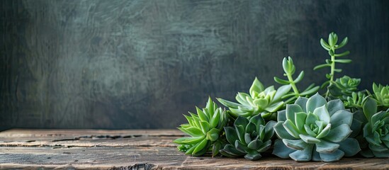 Horizontal copy space image featuring decorative green succulent plants on a rustic wooden table, perfect for florist concepts or indoor flora enthusiasts.