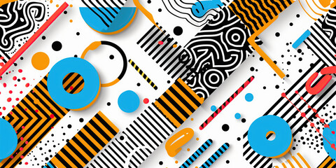 Naklejka premium A vibrant abstract design featuring a pattern of black, white, blue, yellow, and red stripes, circles, and dots.