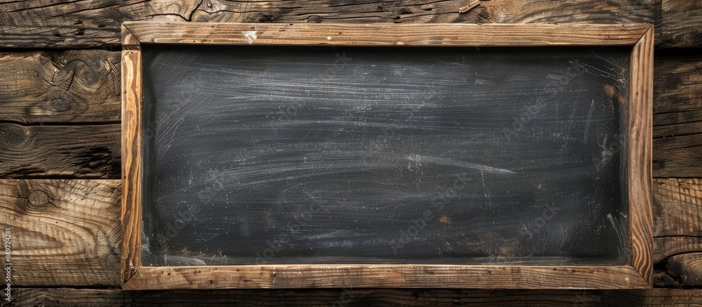 Poster a blackboard displayed on a rustic wooden background, providing ample copy space for text or images.