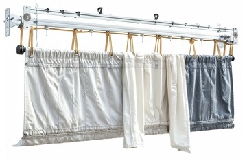 Three white and gray curtains on curtain rods, white background
