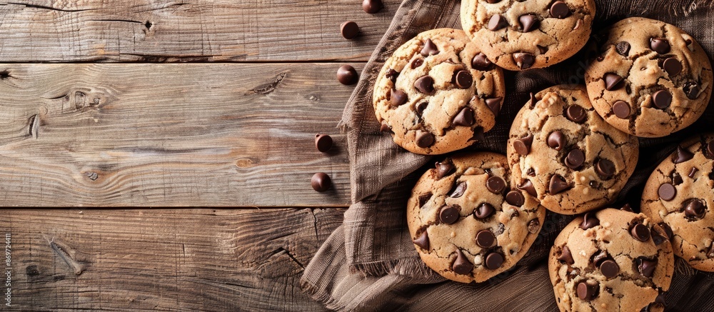 Poster Cookies with chocolate chips displayed on a wooden backdrop with copy space image.