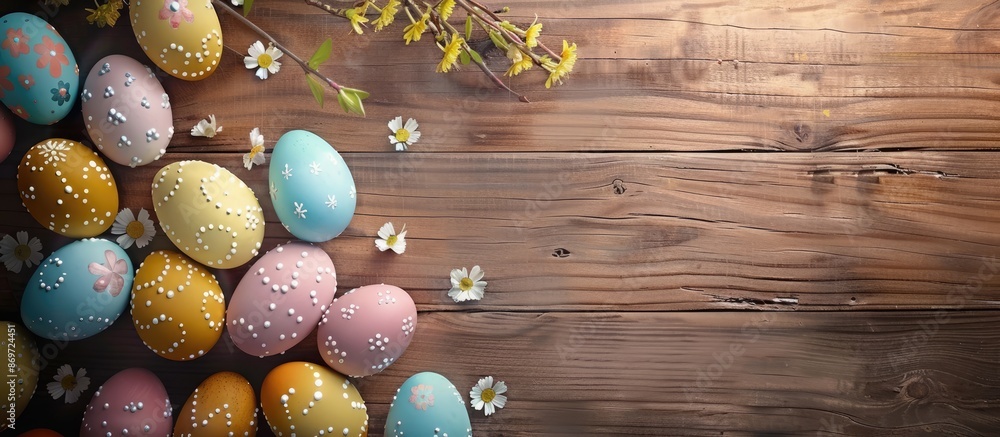 Poster wooden background with easter eggs for a copy space image.