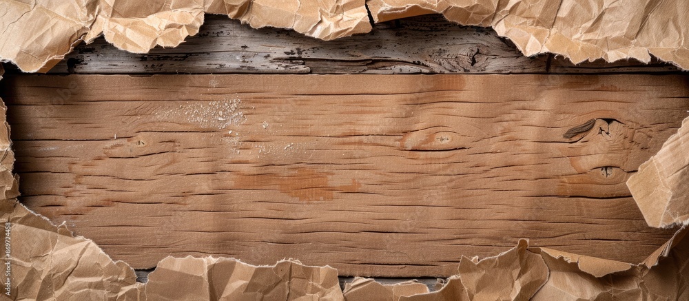 Aufkleber Ripped cardboard and brown paper with copy space image on rustic wood background viewed from the top.