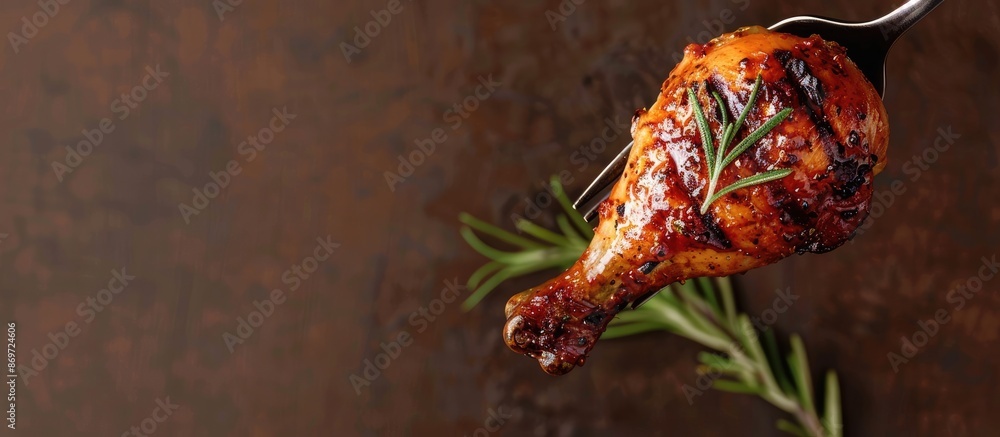 Aufkleber grilled chicken leg on a fork with rosemary on a brown backdrop, featuring a copy space image.