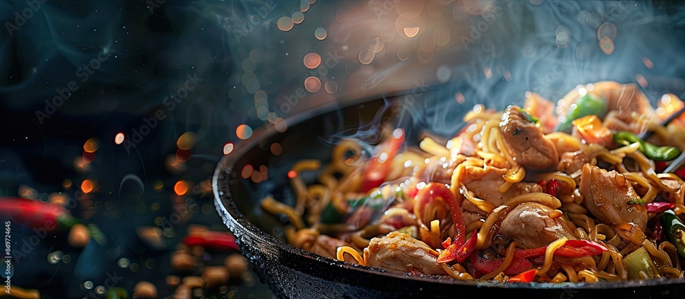 Poster close-up view of asian food in a chicken wok noodle dish with ample copy space image.