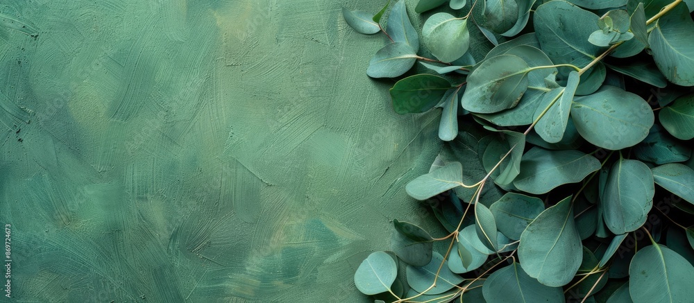 Poster eucalyptus leaves in green shade with a copy space image.