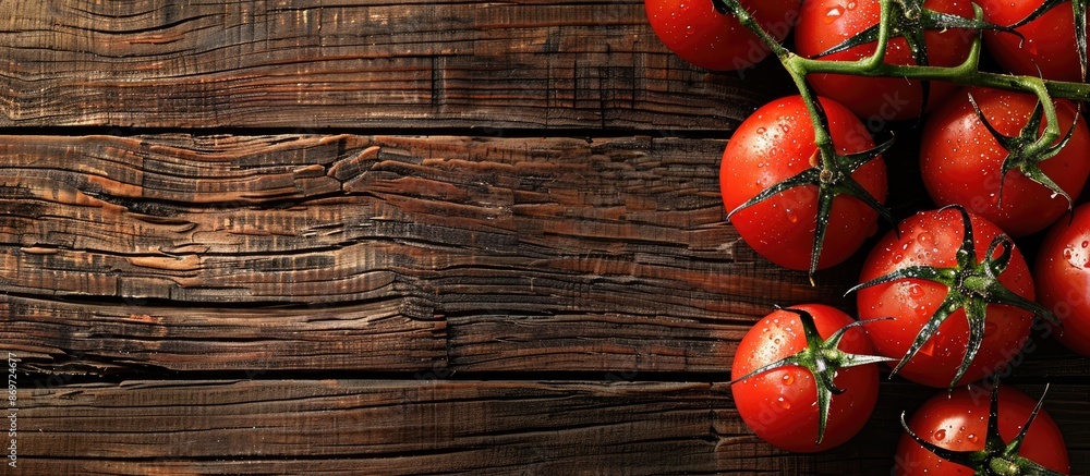 Poster tomato fruit displayed on a wooden plank with copy space image.
